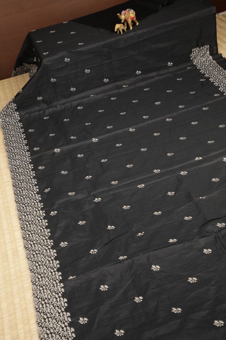 Asphalt Black Tussar Saree with Without Zari Zari Buttis (small Dots Or Motifs) view 2