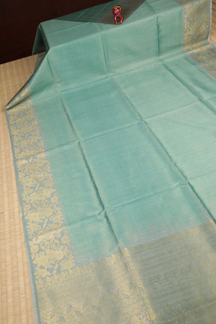 Teal Blue Tussar Saree with Without Zari Zari Stripes view 2