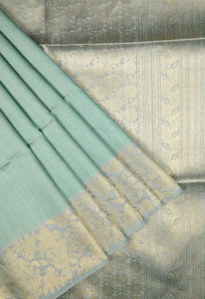 Teal Blue Tussar Saree with Without Zari Zari Stripes