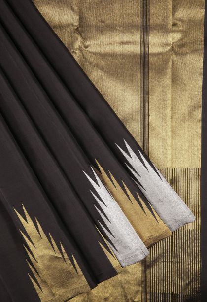 Asphalt Black Kanchipuram Silk Sarees with Gold And Silver Zari Plain