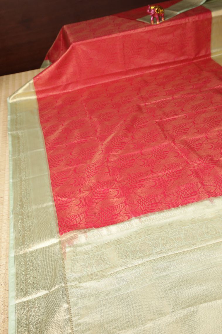 Rose  Red Samudrika Pattu with Copper Zari Floral Patterns view 2