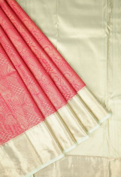 Rose  Red Samudrika Pattu with Copper Zari Floral Patterns