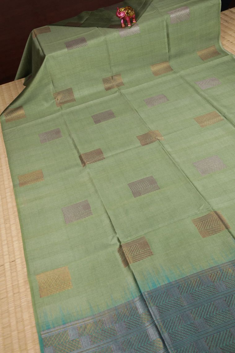 Olive Green Tussar Saree with Bronze Zari Buttis (small Dots Or Motifs) view 2