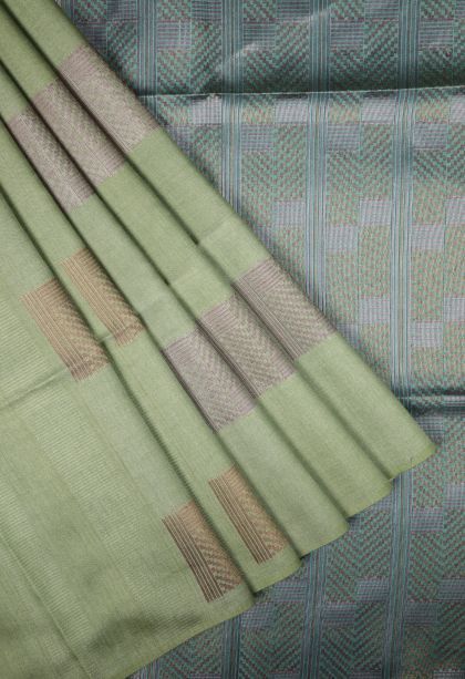 Olive Green Tussar Saree with Bronze Zari Buttis (small Dots Or Motifs)