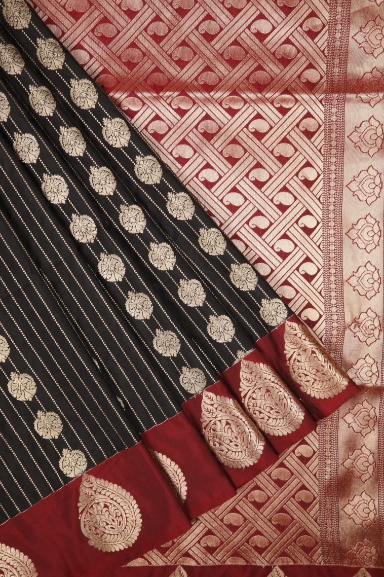 Asphalt Black Soft Silk Saree with Copper Zari Stripes view 1