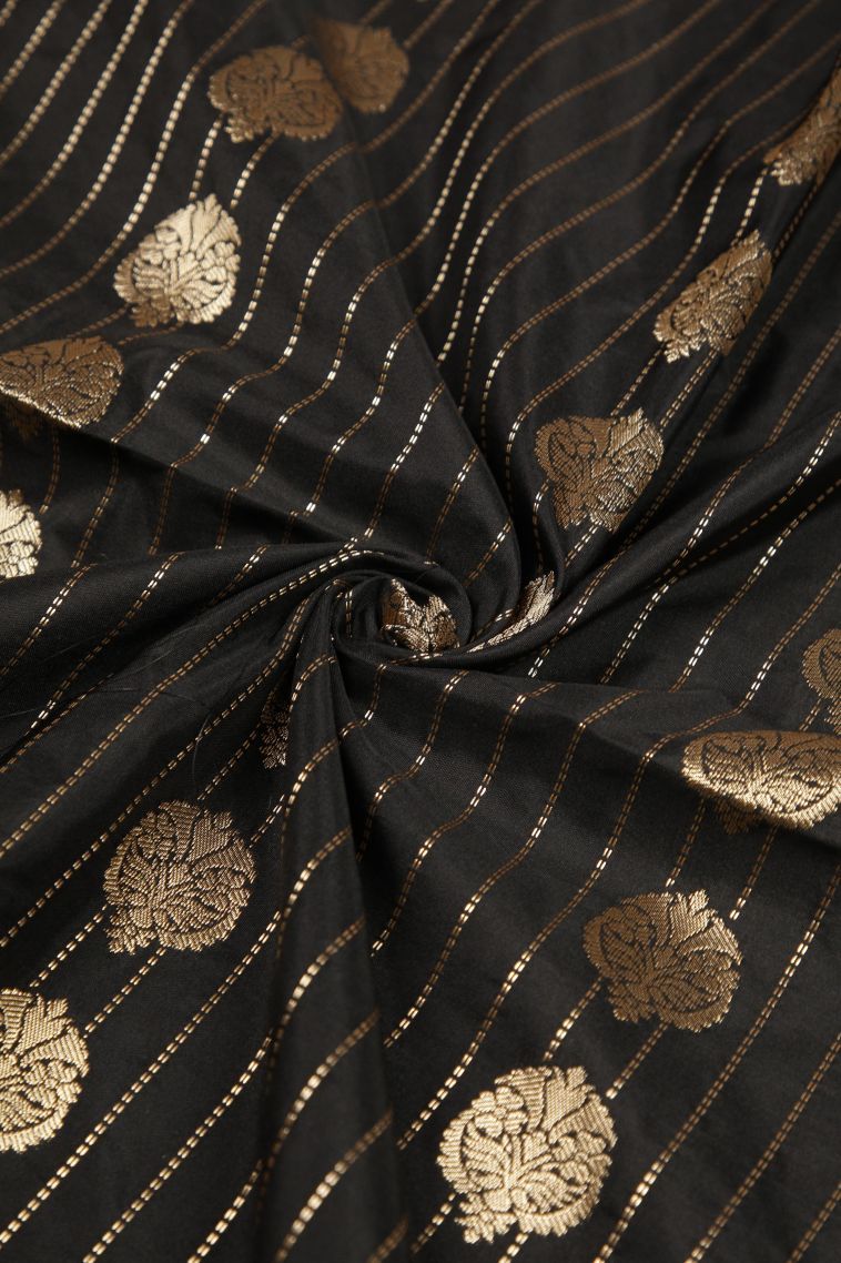 Asphalt Black Soft Silk Saree with Copper Zari Stripes view 4