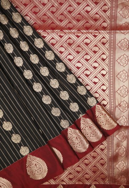Asphalt Black Soft Silk Saree with Copper Zari Stripes