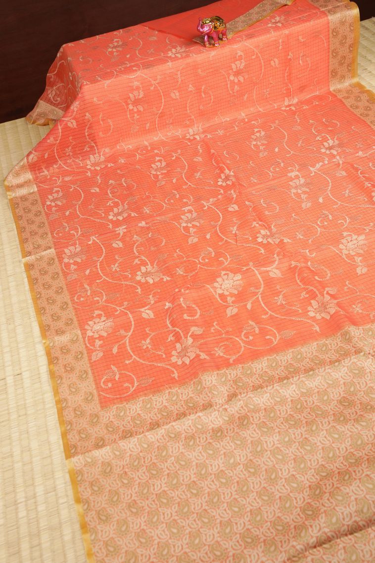Coral Pink Tussar Saree with Without Zari Zari Floral Patterns view 2
