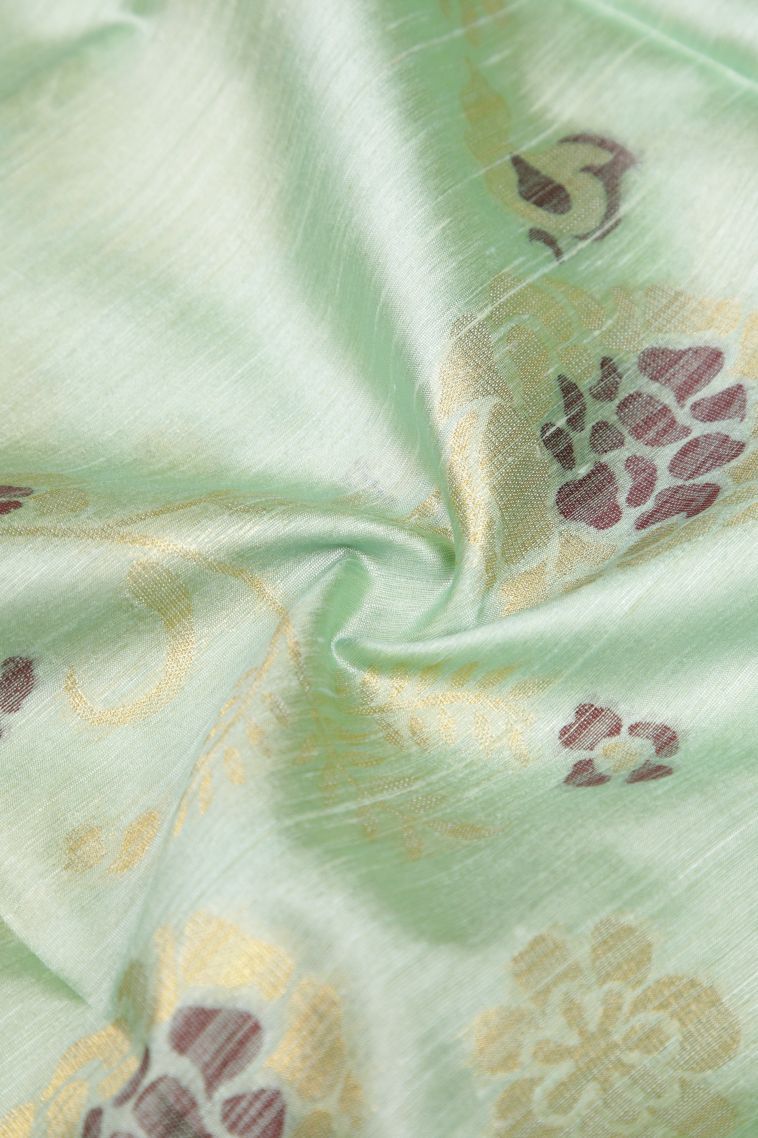 Mint Green Tussar Saree with Silver Zari Floral Patterns view 4