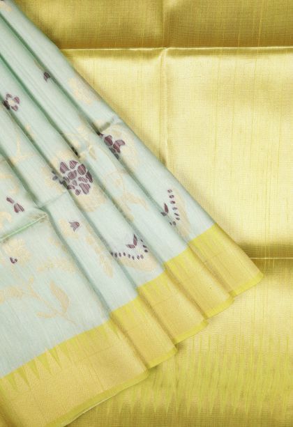 Mint Green Tussar Saree with Silver Zari Floral Patterns