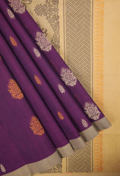 Bosenberry Purple Pure Handloom Kovai Cotton with Without Zari Zari Buttis (small Dots Or Motifs)