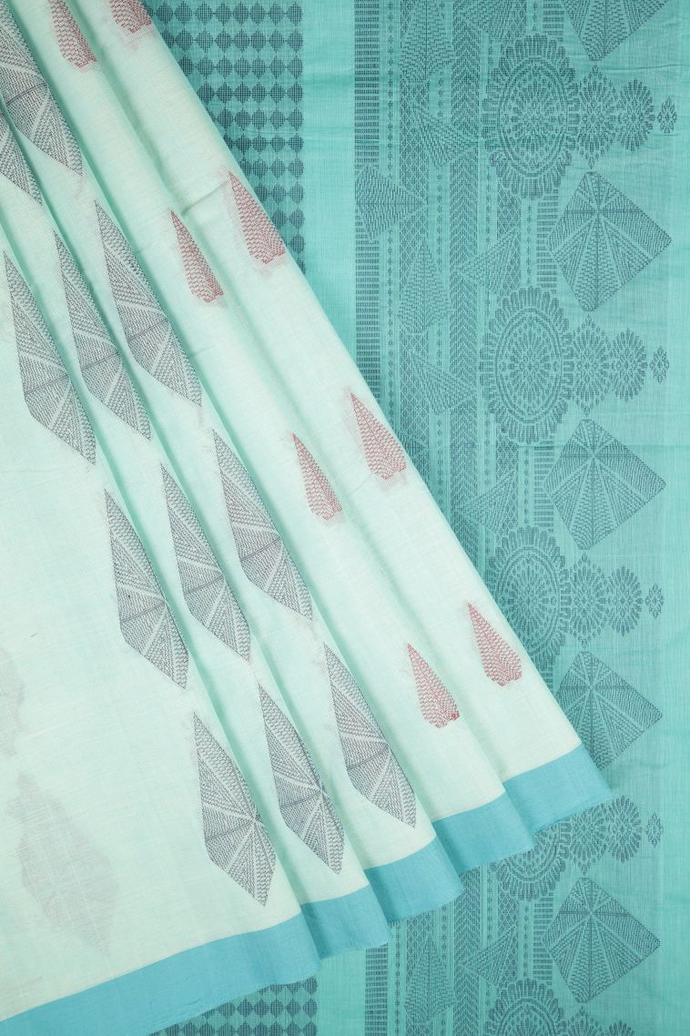 Arctic Blue Pure Handloom Kovai Cotton with Without Zari Zari Buttis (small Dots Or Motifs) view 1