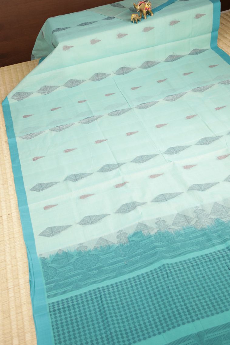 Arctic Blue Pure Handloom Kovai Cotton with Without Zari Zari Buttis (small Dots Or Motifs) view 2