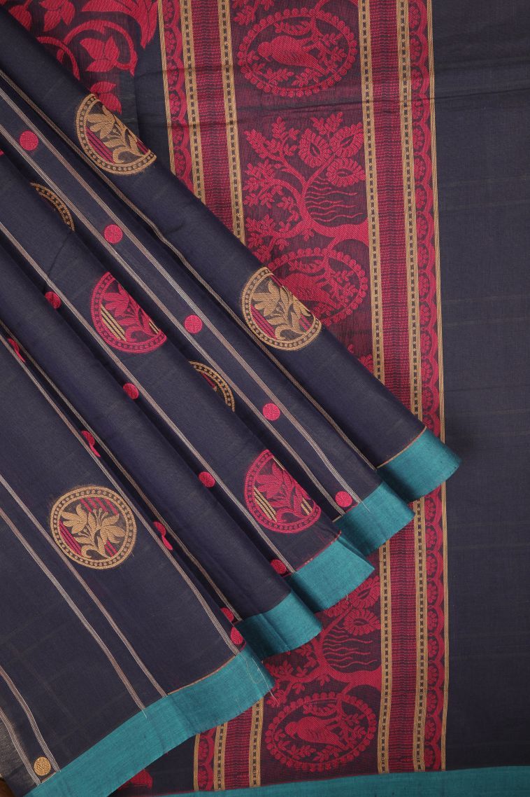 Navy Blue Kovai Cotton Sarees with Without Zari Zari Buttis (small Dots Or Motifs) view 1