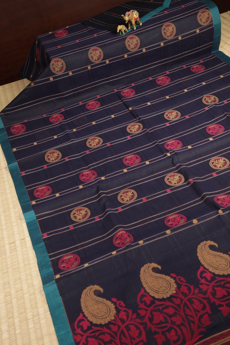 Navy Blue Kovai Cotton Sarees with Without Zari Zari Buttis (small Dots Or Motifs) view 2