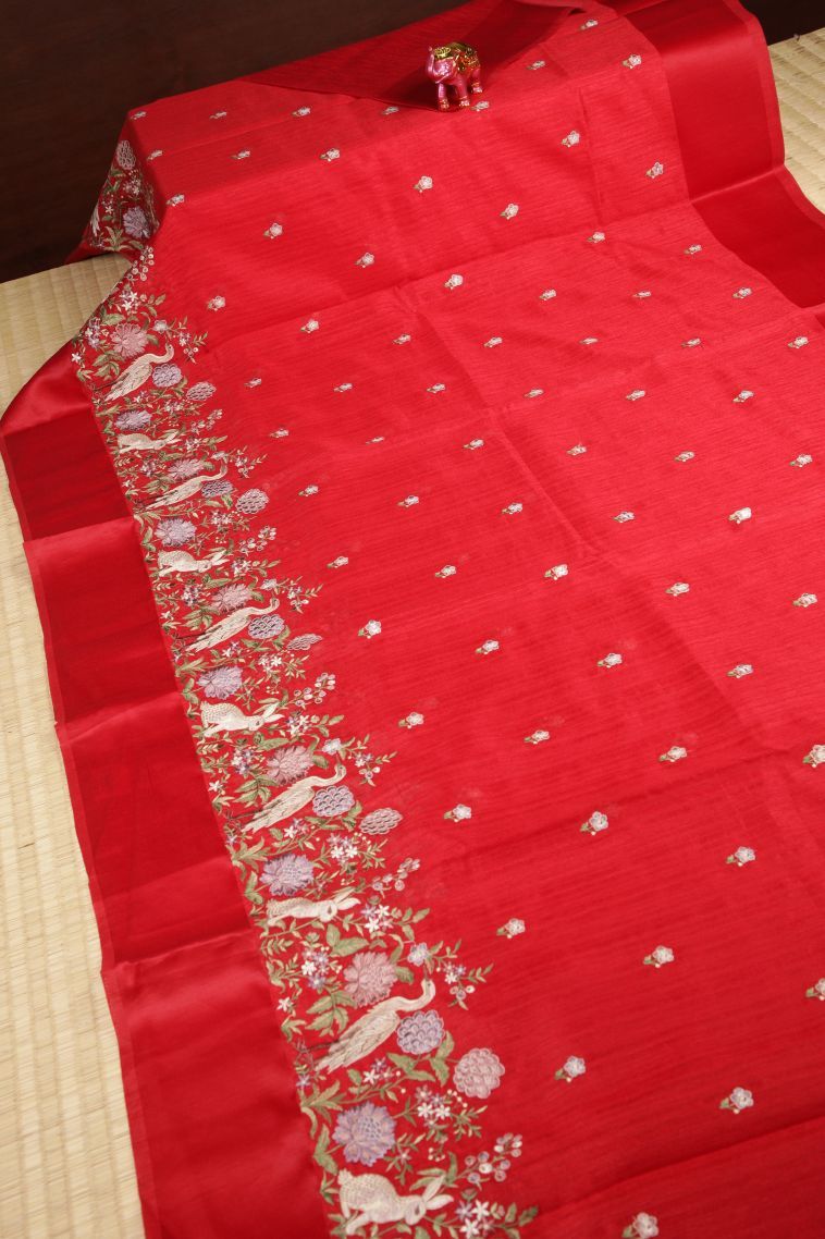 Rose  Red Tussar Saree with Without Zari Zari Buttis (small Dots Or Motifs) view 2