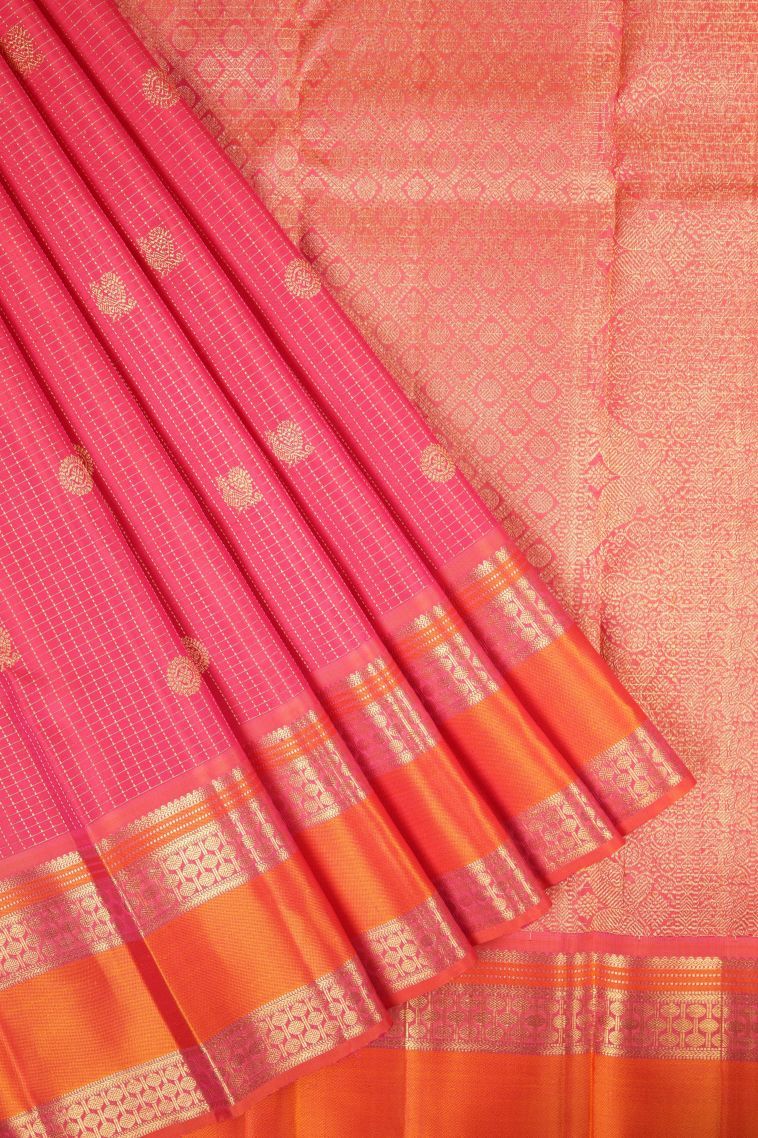 Strawberry Pink Kanchipuram Silk Sarees with Gold Zari Checks view 1