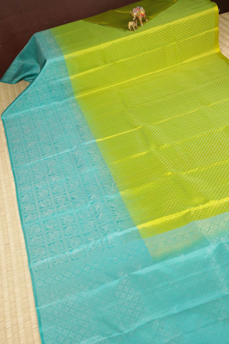 Lime Green Soft Silk Saree with Silver Zari Buttis (small Dots Or Motifs) view 2