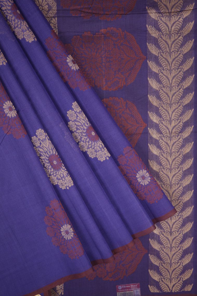 Cobalt Blue Pure Handloom Kovai Cotton with Without Zari Zari Buttis (small Dots Or Motifs) view 1