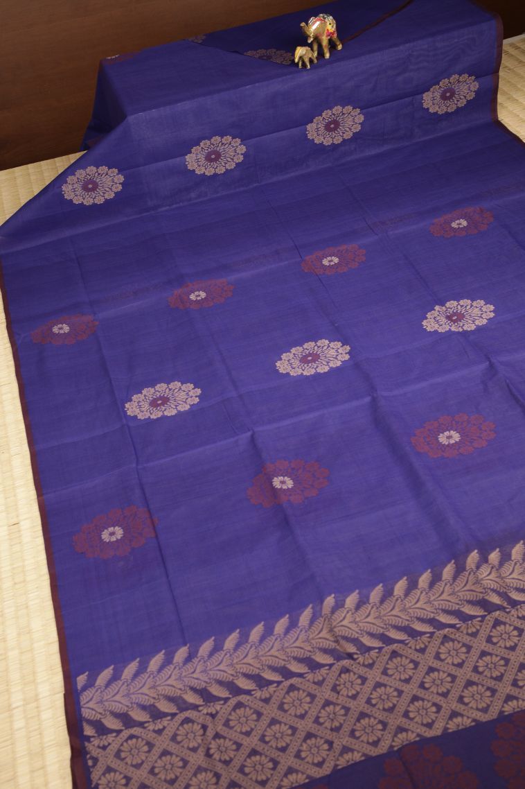 Cobalt Blue Pure Handloom Kovai Cotton with Without Zari Zari Buttis (small Dots Or Motifs) view 2