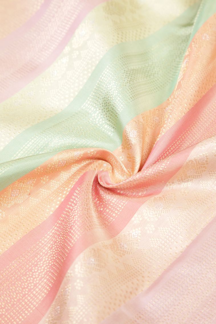 Ballet Pink Kanchipuram Silk Sarees with Gold And Silver Zari Stripes view 4