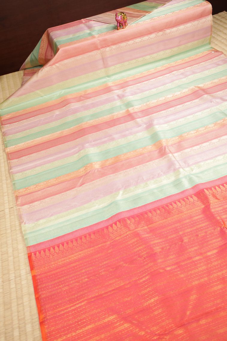 Ballet Pink Kanchipuram Silk Sarees with Gold And Silver Zari Stripes view 2