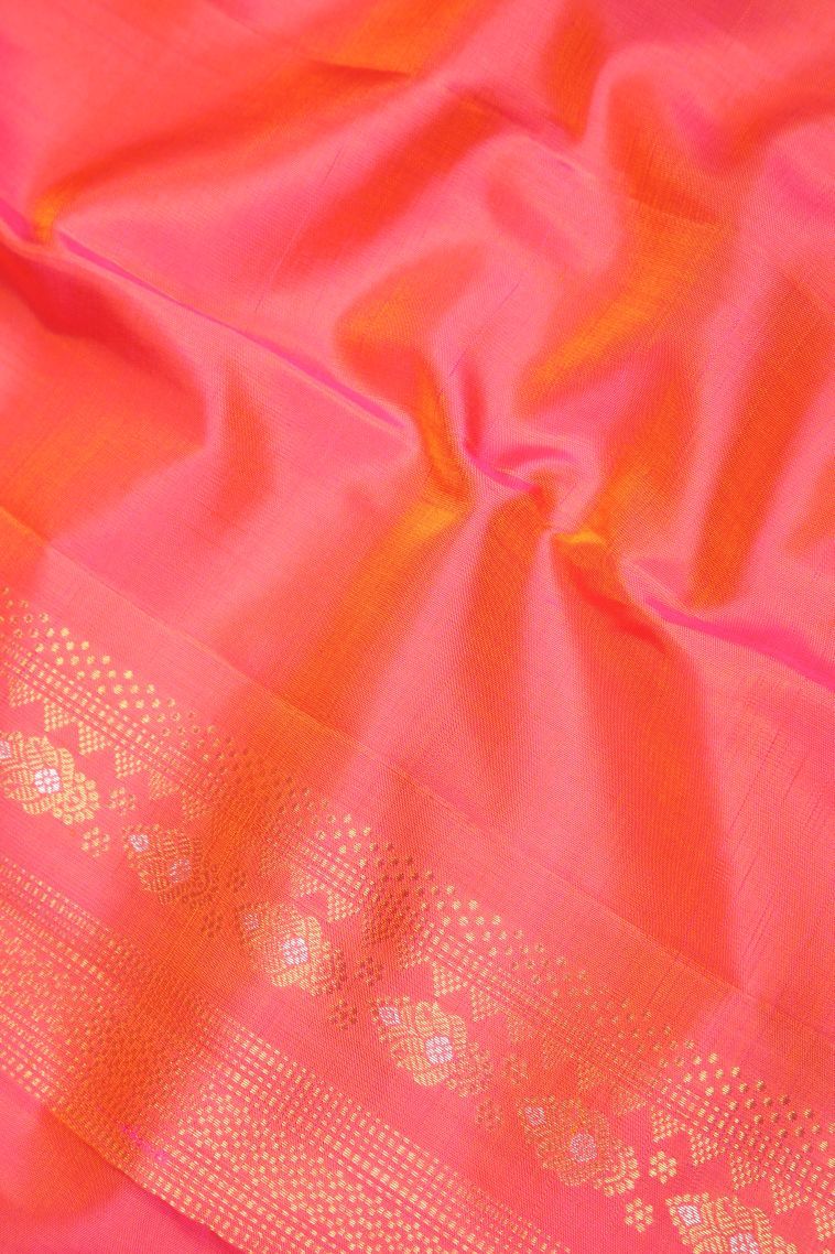 Ballet Pink Kanchipuram Silk Sarees with Gold And Silver Zari Stripes view 3
