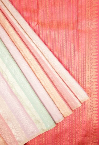 Ballet Pink Kanchipuram Silk Sarees with Gold And Silver Zari Stripes