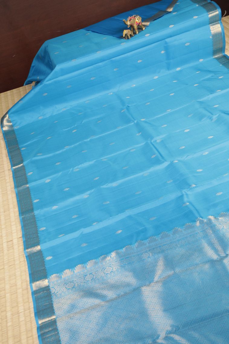 Sky Blue Soft Silk Saree with Gold Zari Buttis (small Dots Or Motifs) view 2