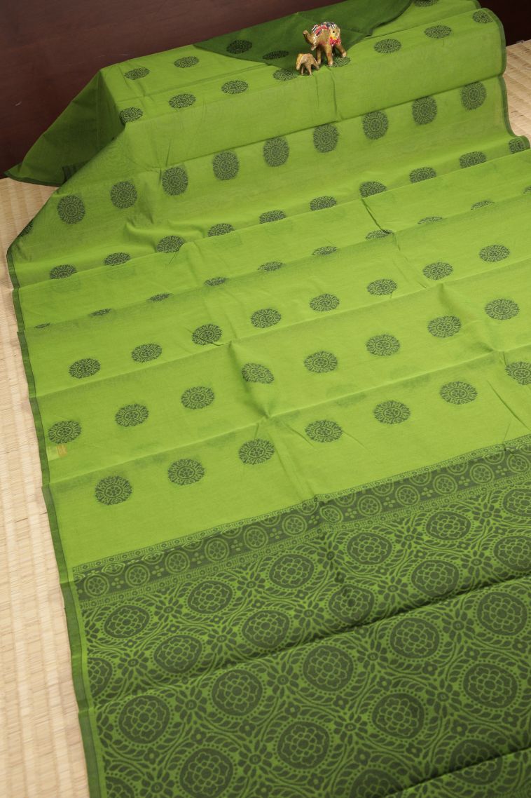 Pear Green Silk Cotton with Without Zari Zari Buttis (small Dots Or Motifs) view 2