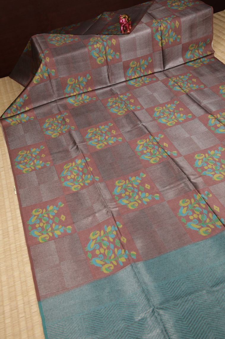 Cinnamon Brown Tussar Saree with Without Zari Zari Checks view 2
