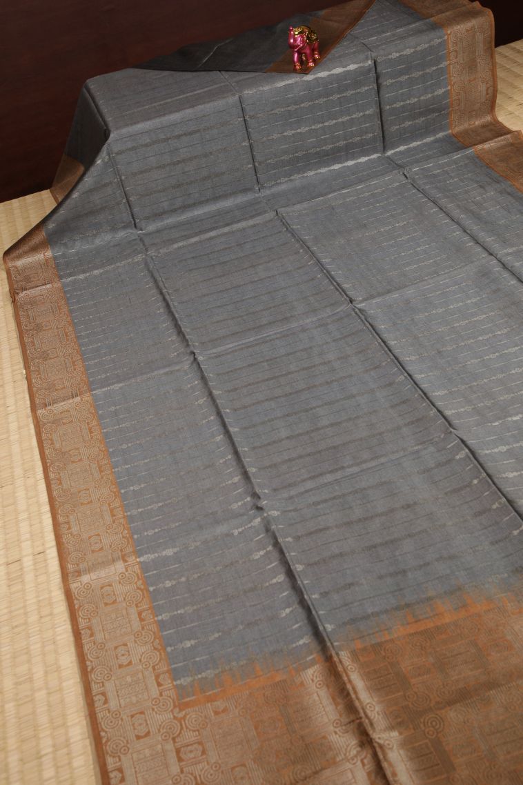 Gray Black Tussar Saree with Bronze Zari Stripes view 2