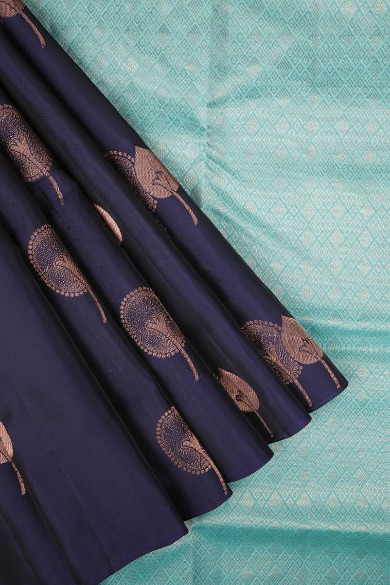 Navy Blue Soft Silk Saree with Copper Zari Buttis (small Dots Or Motifs) view 1