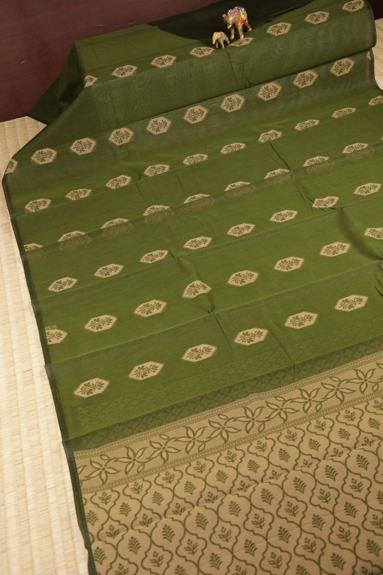 Basil Green Silk Cotton with Without Zari Zari Buttis (small Dots Or Motifs) view 2