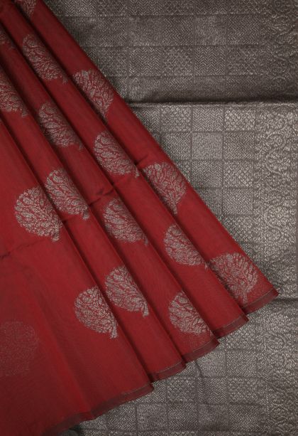Apple Red Silk Cotton Sarees with Silver Zari Buttis (small Dots Or Motifs)