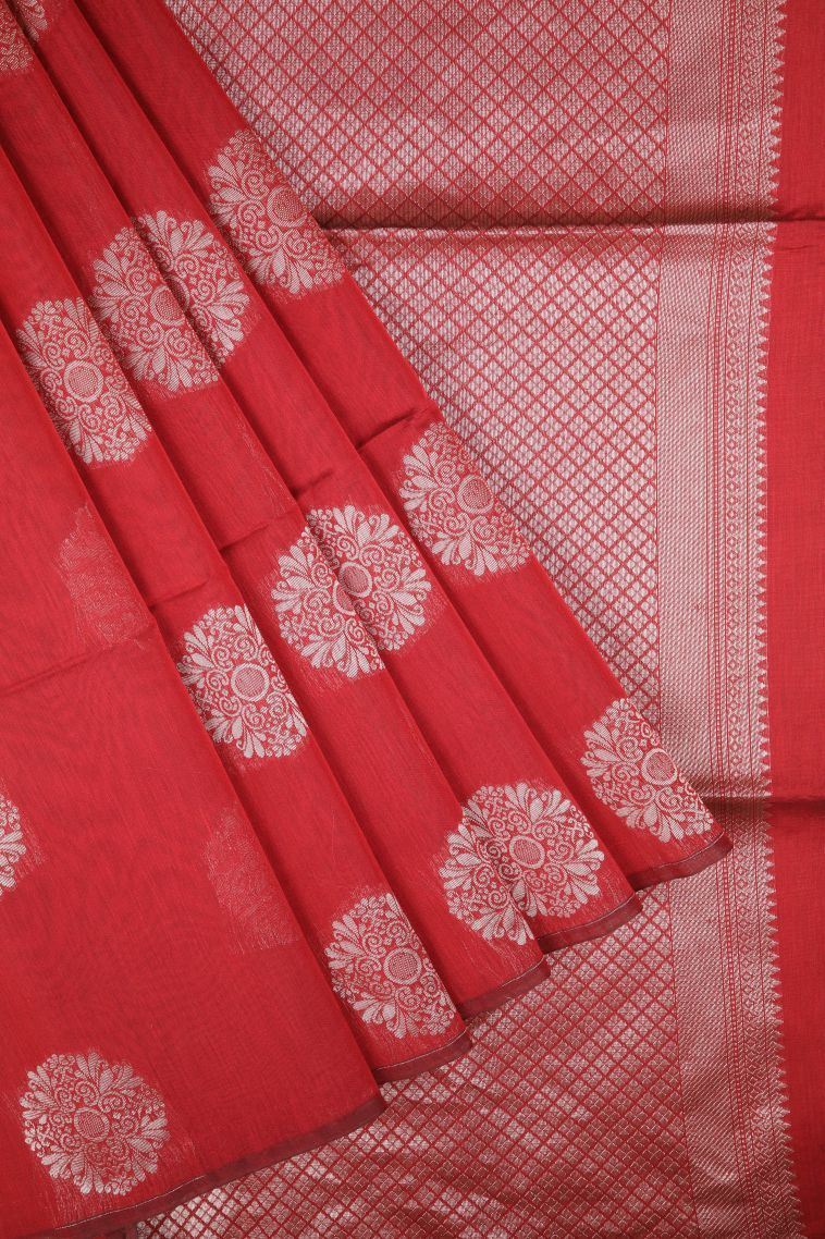 Rose  Red Silk Cotton Sarees with Silver Zari Buttis (small Dots Or Motifs) view 1
