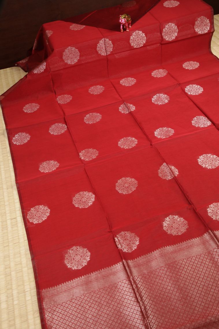 Rose  Red Silk Cotton Sarees with Silver Zari Buttis (small Dots Or Motifs) view 2