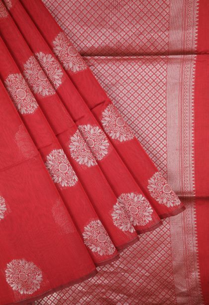 Rose  Red Silk Cotton Sarees with Silver Zari Buttis (small Dots Or Motifs)