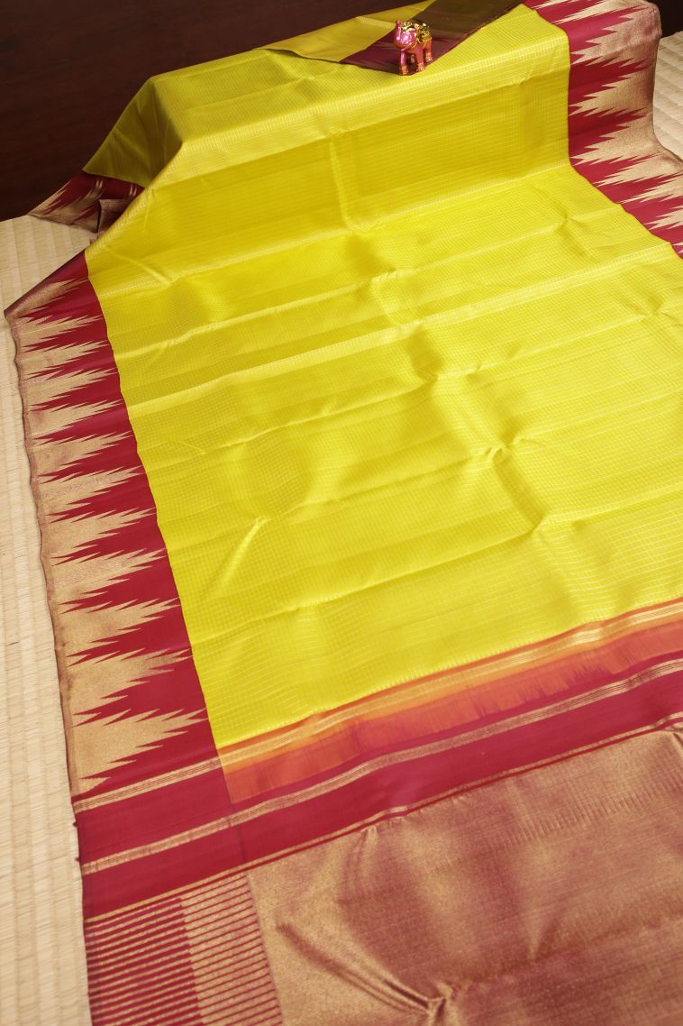 Lime Green Kanchipuram Silk Sarees with Gold Zari Checks view 2