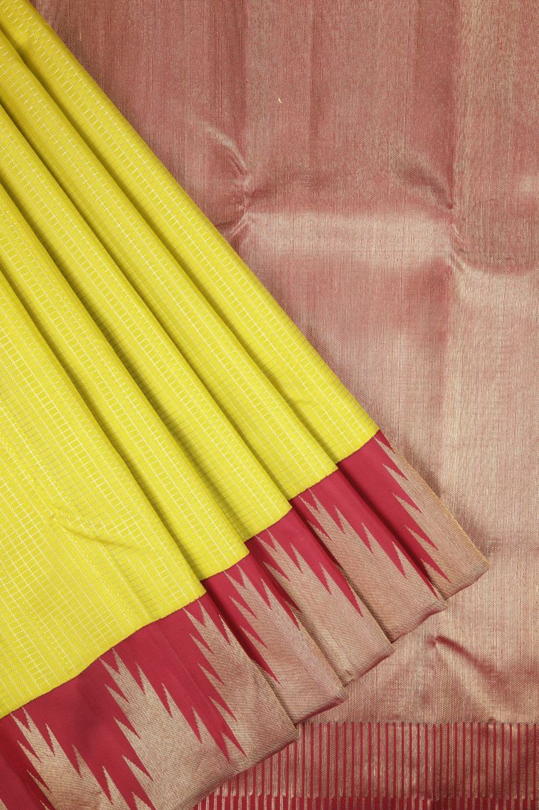 Lime Green Kanchipuram Silk Sarees with Gold Zari Checks view 1