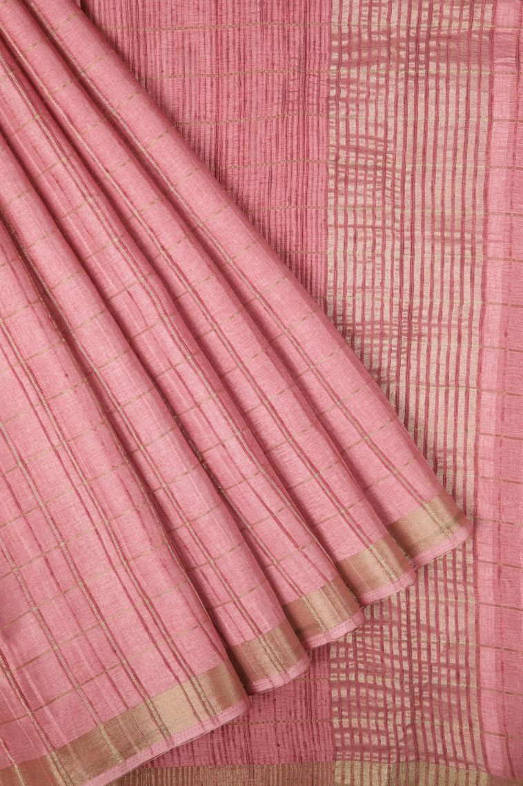 Lemonade Pink Tussar Saree with Copper Zari Checks view 1