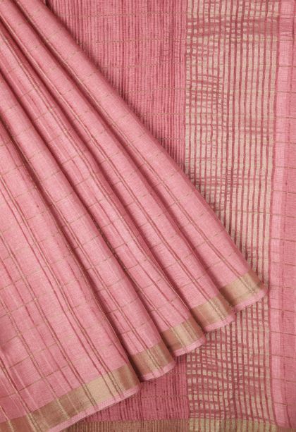 Lemonade Pink Tussar Saree with Copper Zari Checks