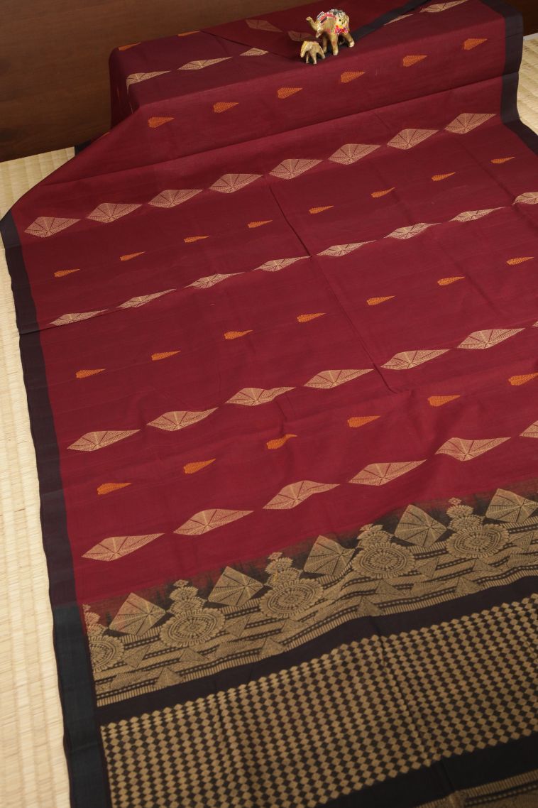 Berry Red Pure Handloom Kovai Cotton with Without Zari Zari Buttis (small Dots Or Motifs) view 2
