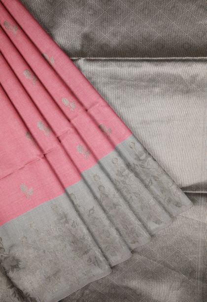 Lemonade Pink Tussar Saree with Bronze Zari Buttis (small Dots Or Motifs)