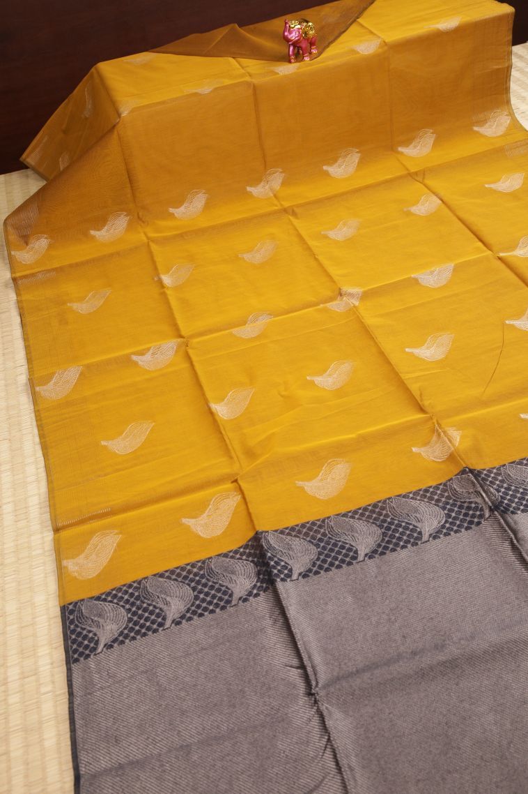 Lemon Yellow Silk Cotton Sarees with Silver Zari Buttis (small Dots Or Motifs) view 2