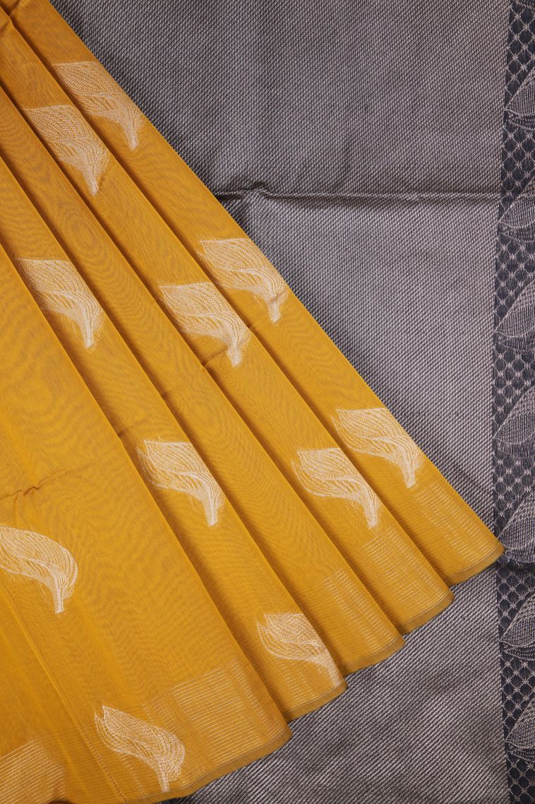 Lemon Yellow Silk Cotton Sarees with Silver Zari Buttis (small Dots Or Motifs) view 1