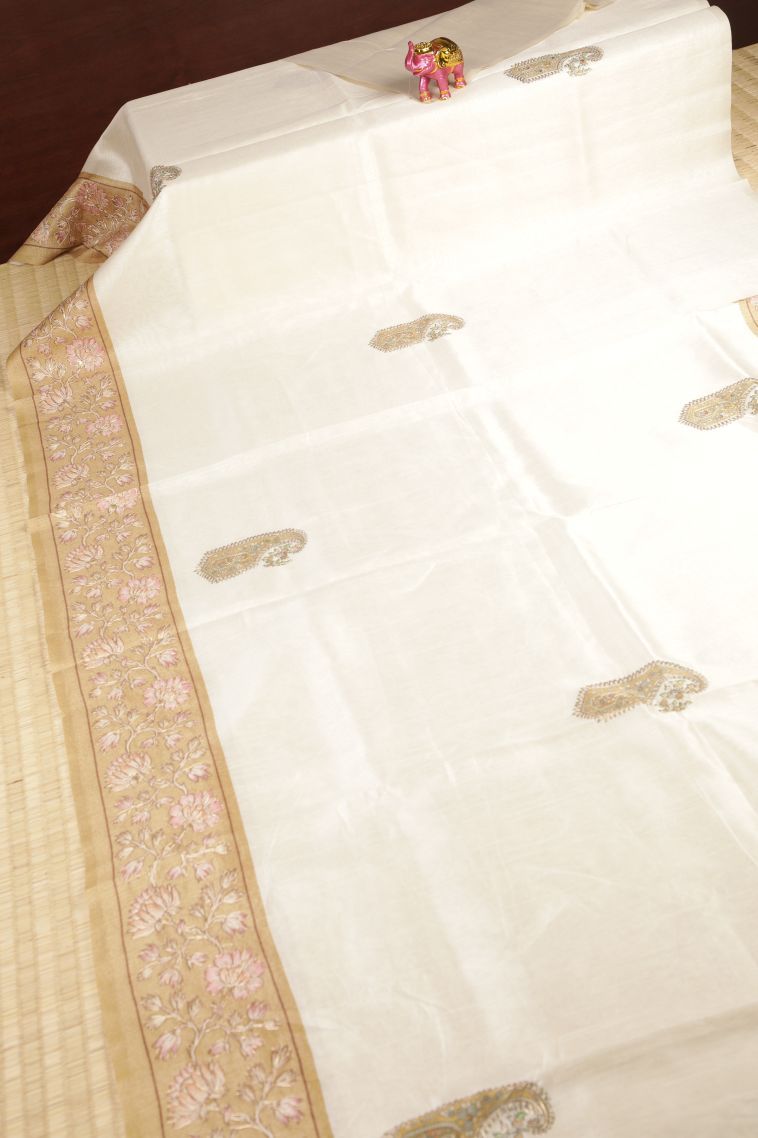 Frost White Tussar Saree with Without Zari Zari Buttis (small Dots Or Motifs) view 2