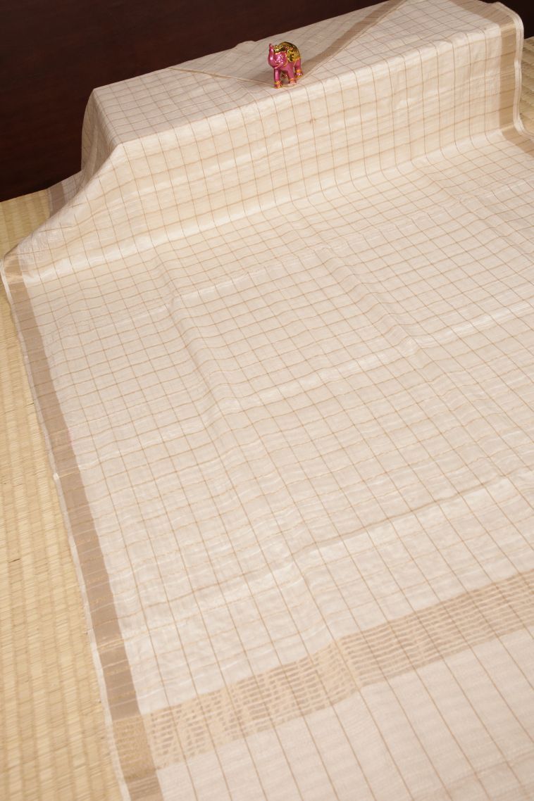 Pearl White Tussar Saree with Copper Zari Checks view 2