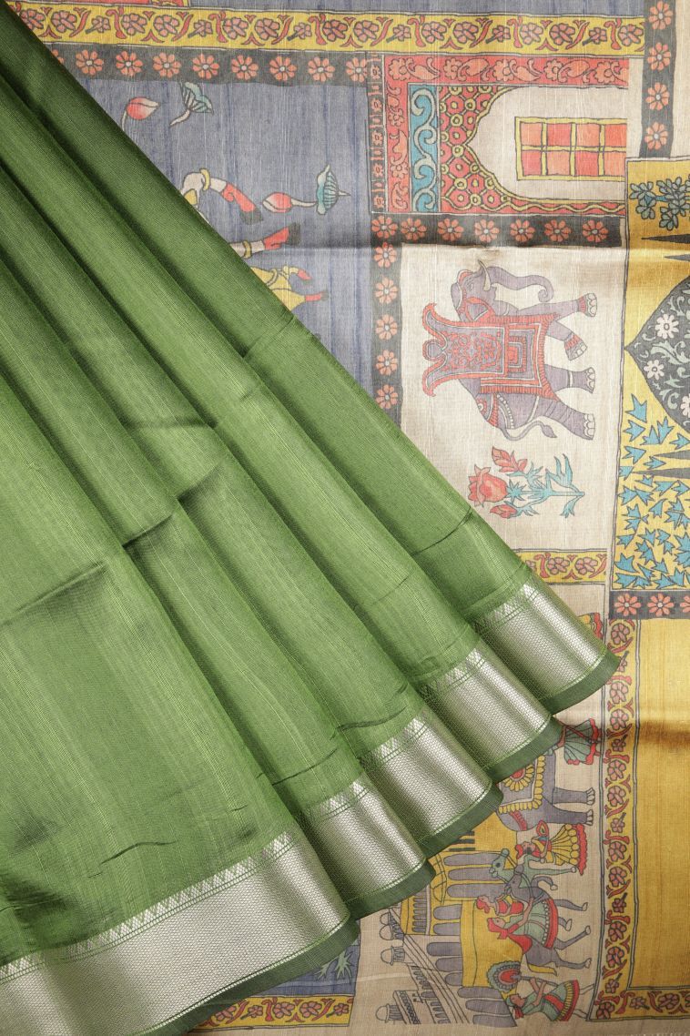 Basil Green Tussar Saree with Without Zari Zari Plain view 1