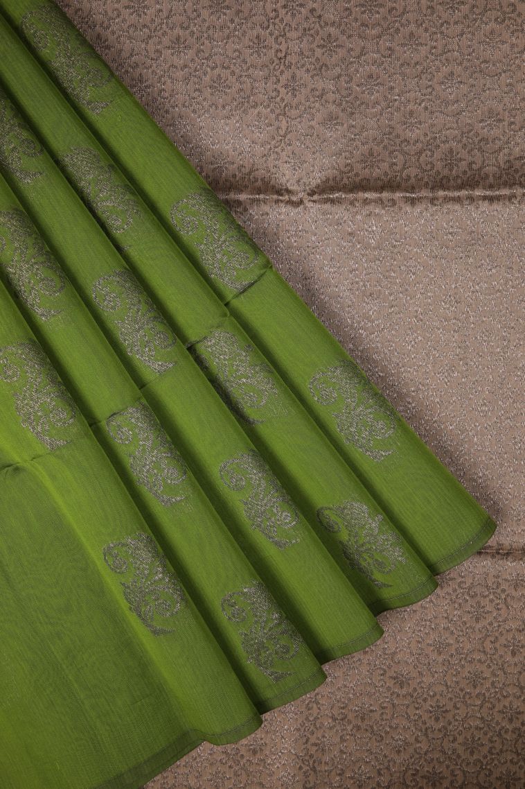 Basil Green Silk Cotton Sarees with Bronze Zari Buttis (small Dots Or Motifs) view 1